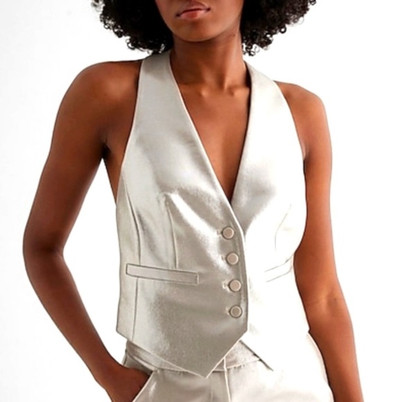 Express Tops - *NWT* Express Metallic Muted Gold Button Front Halter Vest, Size Large